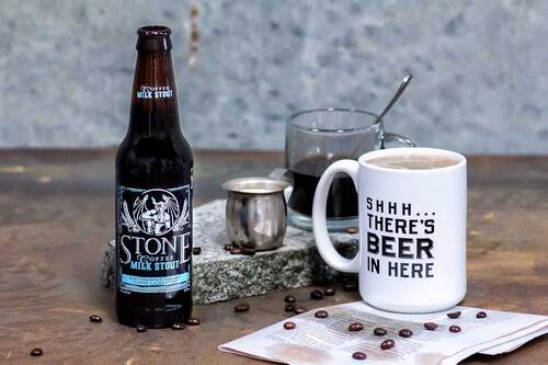 Stone Coffee Milk Stout bottle, glass and mug