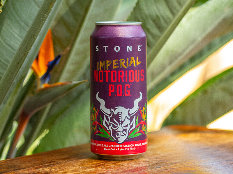 Stone Imperial Notorious P.O.G. can in front of leaves