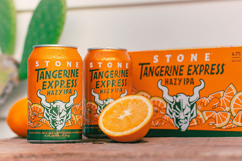Stone Tangerine Express Hazy IPA cans and six-pack