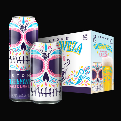 cans of buenaveza and a 12-pack of buenaveza beer cans