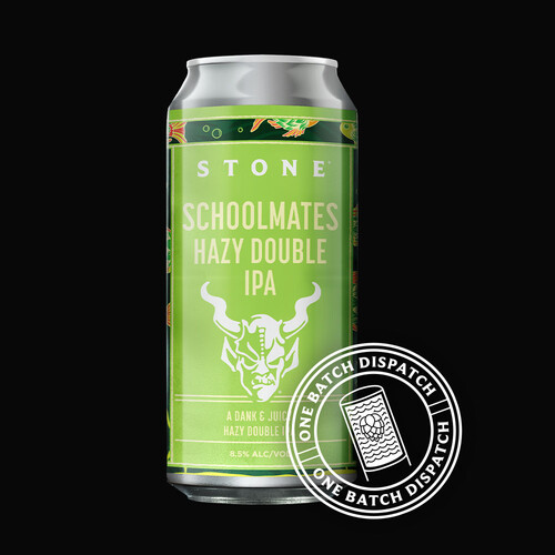 Stone Schoolmates Hazy Double IPA can and one batch dispatch badge