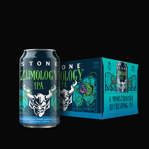 can and six-pack of the stone zumology ipa beer