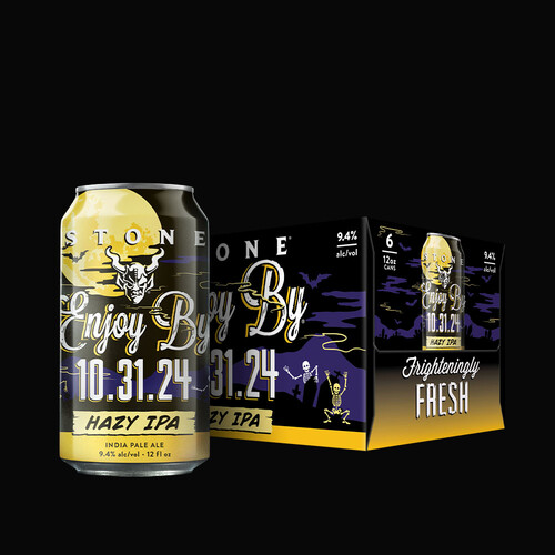 Stone Enjoy By 10.31.24 Hazy IPA beer can and six-pack