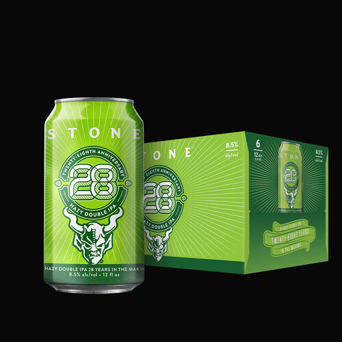 Stone 28th Anniversary Hazy Double IPA beer can and six-pack