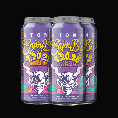 four-pack of Stone enjoy by 04.20.25 Double IPA beers in a clip