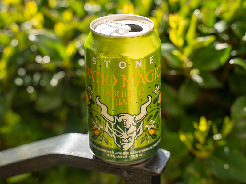 Stone Patio Magic Double IPA can amongst foliage