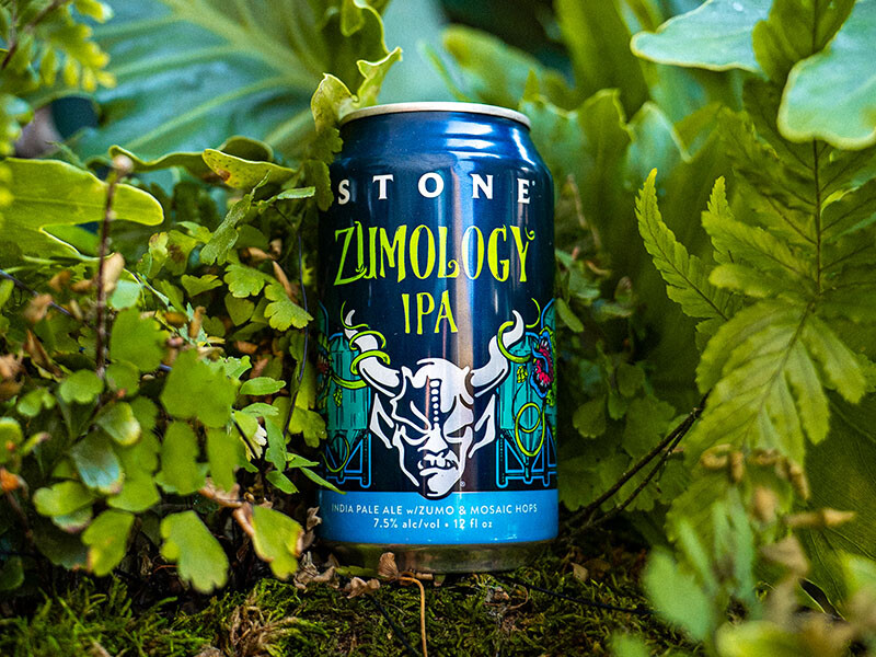 can of stone zumology ipa beer amongst leaves