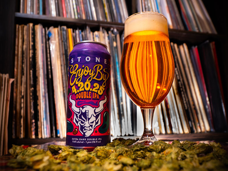 can and glass of Stone enjoy by 04.20.25 Double IPA